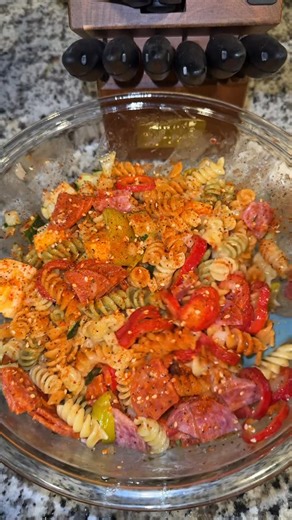 Jas Robertson | Viral Pasta Salad 🥗 1 diced cucumber 1/2 white onion (or red) 1/3 cup peppercinis sliced 1 box tri colored rotini Olive gardens... | Instagram