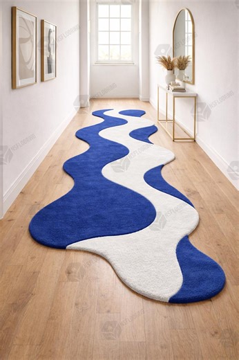 Modern Wavy Rug, Runner Rug, Abstract Hallway Carpet, Contemporary Long Runner,minimalist Entry Way Floor Rug,royal Blue and Rich White Rug - Etsy