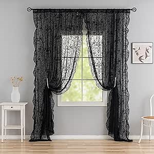 Black Curtains 96 Inches Long - Luxury Floral Ruffled Lace Black Floral Curtains Embroidered Light Filtering Goth Victorian Curtains Decor Rod Pocket Window Treatment 2 Panles, 59 x 96 Inch