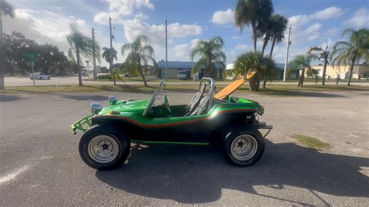 1965 Volkswagen Dune Buggy . “Grasshopper Racing” 80s RC off-road Tribute . Original rust free 65 chassis . High end build. Very nice components and finish throughout. Swing axle differential and torsion bar front end , runs very tight and peppy . Has a period correct single port 1500 engine with custom made skid plate,… perfect gearbox and clutch , rear disc brake conversion. Custom green and Amber halo lighting . everything works, bikini top included, as well as rear seat cushions. No wipers .