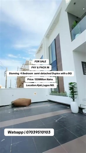 FOR SALE PAY & PACK IN Stunning 4 Bedroom semi-detached Duplex with a BQ Price: 155Million Location: Ajah, Lagos NG Features: - All Rooms Ensuite - Fitted Kitchen - Inbuilt Speakers - ⁠- ⁠Parking space - Pop Ceiling - Water Heater - Family Lounge - Water Treatment - 24 Hours Security - ⁠Beautiful Estate Neighborhood Title: C of O, Governors consent & Building Approval : #fyp #foryou #tiktok #trend #goviral