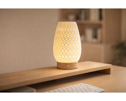 3D Printed Ceramic Bedside Lamp, Dimmable Touch Nightstand With Wood Base - Etsy