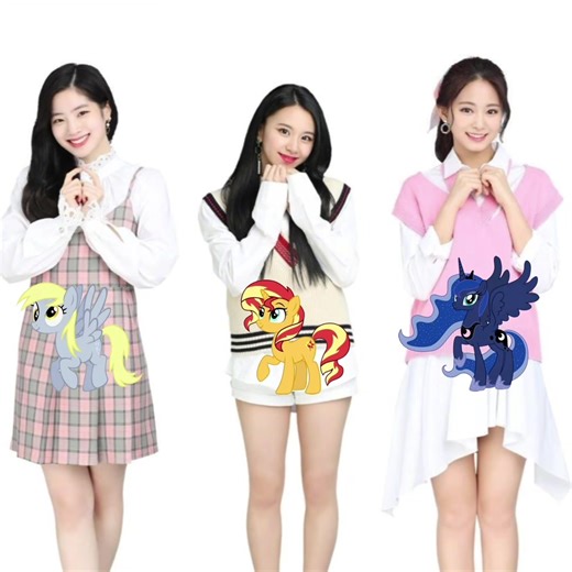 maknae line :p (3/3) #edit #mlp #twice #cute #moodboard // aesthetic color coded my little pony kpop korean group fandoms multi fandoms soft trio // Kim Dahyun Son Chaeyoung Chou Tzuyu Sunset Shimmer Derpy Hooves Princess Luna