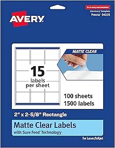 Avery Matte Clear Rectangle Labels, Sure Feed Technology, 2" x 2-5/8", 1,500 Matte Clear Labels, Laser/Inkjet Printable