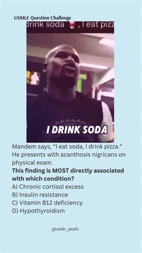 USMLE High-Yield Questions on Instagram: "“I eat soda, I drink pizza.” 🥤🍕 Skin said: nah. ⸻ Explanation Acanthosis nigricans occurs due to chronic hyperinsulinemia. Excess insulin cross-activates IGF-1 receptors on keratinocytes and dermal fibroblasts, causing epidermal thickening and velvety hyperpigmented plaques 🟤. These changes are most commonly seen on the neck and axillae. This finding is a classic physical exam marker of insulin resistance, often associated with ob