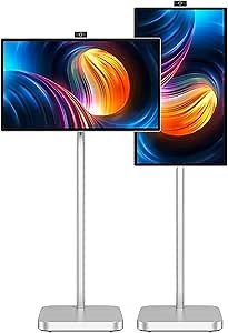 JAV Portable Monitor, 32" 4K UHD Rotatable Monitor on Wheels with 8MP Magnetic Camera - Eye Care Touch Screen TV with Built-in Battery for Home & Office (Android 13, 8+128GB) - Grey