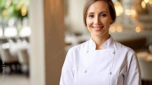 A skilled cook wears a crisp white uniform while standing confidently in a contemporary restaurant kitchen. The bright and welcoming atmosphere highlights her dedication to culinary excellence.