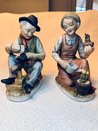 Vintage “old Lady Gardening” and “old Man Shining Shoes” Porcelain Figurines—set of Two - Etsy