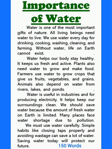 Importance of Water Essay Writing in English 150 Words Short Essay or Paragraph