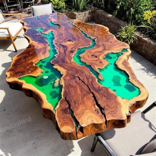 Handmade Live Edge Dining Table: Green Epoxy Resin & Natural Wood - Etsy