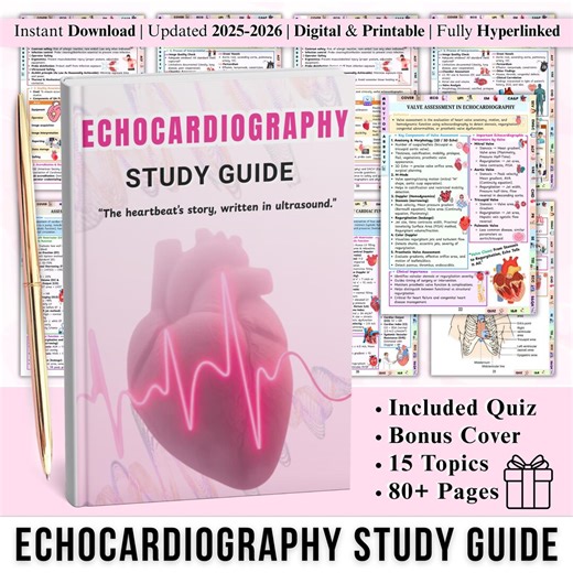 Echocardiography Study Guide PDF, Echo Ultrasound Notes, 80 Pages Bonus Covers, Cardiac Sonography Exam Prep, Heart Imaging Study Resources