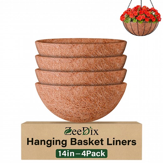 ZeeDix 4Pcs 14Inch Coconut Liners Coco Coir Hanging Basket Liners 100% Natural Coco Fiber Liners Round Coco Liners for Planters Flowers Vegetables