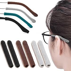 3 Pairs Eye Glasses Ear Grippers, Soft Knitting Cotton Arm Cushion for Glasses Behind Ear, Anti Slip Eye Glass Ear Grips, Non Slip Ear Pads for Glasses, Eyeglasses Temple Tips for Pain (BLK&BRN&Gry)