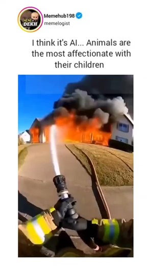 memelogist on Instagram: "The instagram reel post features a viral AI-generated video of a border collie leading a firefighter through flames in a burning house to rescue its trapped puppies, created using tools like Kling AI and circulating widely since late November 2025. Caption acknowledges the footage as likely artificial yet celebrates animal parental instincts, resonating with viewers through themes of loyalty and protection, evidenced by 6,700+ likes and 600,000+ views within 24 hours. R