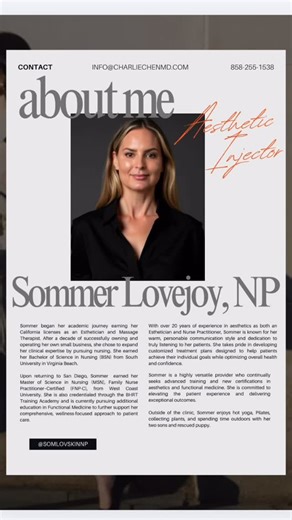 Charlie Chen, M.D. on Instagram: "Allow me to reintroduce Sommer Lovejoy, NP. Sommer Lovejoy, MSN, FNP-C, LE, is a fourth-generation San Diegan with a deep passion for aesthetics, health, and wellness. Sommer began her academic journey at Grossmont College, where she studied Fine Arts and Humanities before earning her California licenses as an Esthetician and Massage Therapist. After a decade of successfully owning and operating her own small business, she chose to expand her clinical expertise 