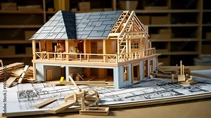 Architectural model of wooden house on blueprints with drawing tools, construction planning concept, miniature building design for real estate project or home renovation
