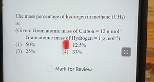 The mass percentage of hydrogen in methane \left( \mathrm { CH ... | Filo