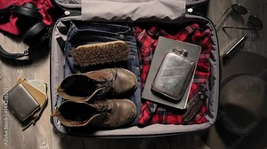 Stopmotion of hipster items appearing in travel suit case: red plaid flannel shirt, selvedge denim jeans, custom engraved stainless flask, notebook, old leather shoes. Isolated on wooden rustic floor