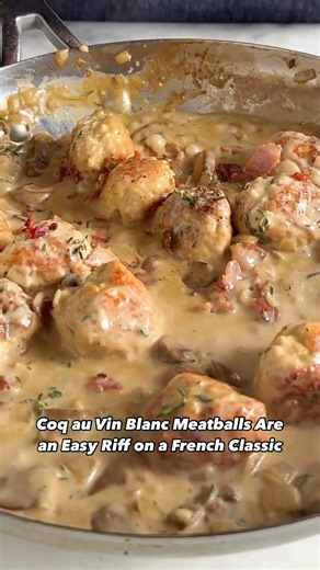 Food & Wine on Instagram: "Next up in the countdown of our ✨ 20 most popular recipes of 2025 ✨ is number 17: Coq au Vin Blanc Meatballs. To make the cozy weeknight dish: Ingredients: -1 pound lean ground turkey -1 large egg -1/3 cup panko -1 teaspoon kosher salt -1 tablespoon minced garlic -1/2 teaspoon black pepper -4 thick-cut bacon slices -8 ounces cremini mushrooms -1 small yellow onion -1/2 cup plus 2 tablespoons chicken broth -1 tablespoon all-purpose flour -1 cup dry white wine -2 tablesp