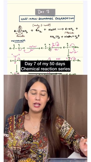 Ananya Sharma on Instagram: "✨ Day 7 | Hoffmann Bromamide Degradation Reaction ✨ One of the most important reactions in organic chemistry — here, an amide reacts with bromine (Br₂) and strong base (NaOH/KOH) to form a primary amine (R–NH₂) with one carbon atom less than the parent amide. 🌿 📌 Key Highlights: • Degradation reaction 🔥 • Amide → Primary Amine • Loss of one carbon atom (chain-shortening reaction) • Reagents: Br₂ + NaOH • Works via isocyanate intermediate This reaction is a NEET fa