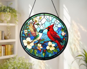 Cardinal Hummingbird Stained Glass Suncatcher,window Hanging,bird Lover,bird Glass Art,home Decor for Mom Grandma,memorial Gift,women Gift - Etsy