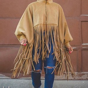 Plus Size Tan Fashion Street Casual Suede Leather Fringe Shawl Coat