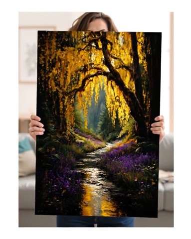 Golden Weeping Willow Forest River Landscape Painting, Purple Wildflowers Stream Wall Art, Autumn Woods Nature Print, Magical Forest Canvas - Etsy