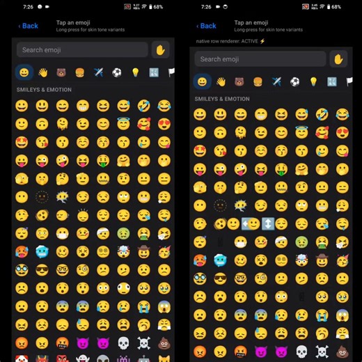 An emoji picker for React Native that draws each row as ONE native view.Left: JS rows. Right: native rows (CoreText / Canvas).This is a 4-year-old Android. In DEV mode. Max-speed flings over 1,900+ emoji.Zero blank cells. Not one.New Architecture only. Dropping soon 👀