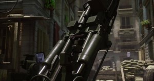 CGI Detailed artillery piece positioned in a narrow urban street during conflict