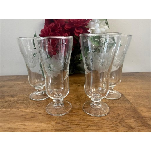 Vintage Etched Footed Barware Glasses Floral Mid Century Set of Four - Etsy