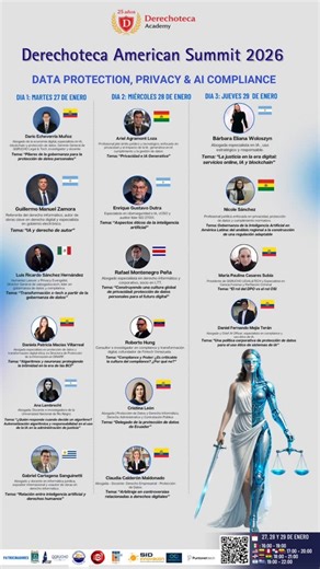 Derechoteca on Instagram: "🚀✨ ¡El evento top de Privacidad + IA para 2026 ya está aquí! 🔐🤖 Derechoteca American Summit 2026 | Data Protection, Privacy & AI Compliance 🎤 Speakers internacionales (16) de 7 países listos para encender la conversación: 🇪🇨 Darío Echeverría Muñoz • Daniela Macias • Cristina León • Claudia Calderón Maldonado • Paulina Casares Subia • Daniel Fernando Mejía Teran 🇦🇷 Guillermo Manuel Zamora • Ana Lambrecht • Enrique Gustavo Dutra • Bárbara Woloszyn 🇲🇽 Luis Ricar