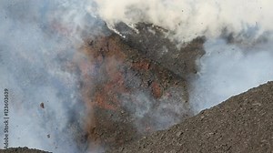 Beautiful volcanic landscape of Kamchatka Peninsula: Eruption active Tolbachik Volcano - emission from the crater: lava, gas, steam, ash and volcanic tremor, earthquake. Russia, Far East, Kamchatka.