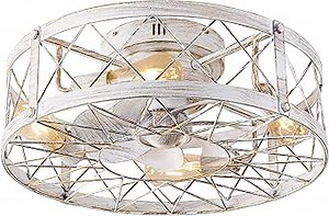 Flush Mount Caged Ceiling Fans with Lights, 20" Enclosed Low Profile Ceiling Fan with Light and Remote, Farmhouse Ceiling Fan 6 Speed Reversible Quiet Small Bladeless Ceiling Fans for Kitchen Bedroom