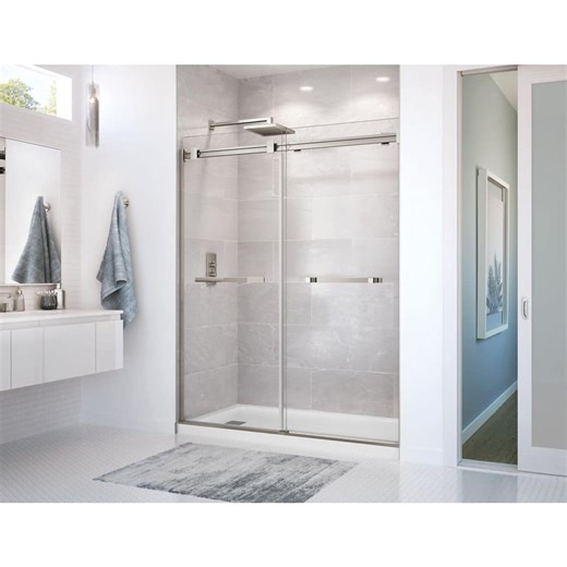 Check The Home Depot's Q&A Before Buying: MAAX Duel 56-58 ½ x 70 ½-74 in. 8mm Frameless Sliding Shower Door for Alcove Installation with Clear glass in Brushed Nickel