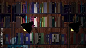 Cartoon Library With Book Shelves Reading Lamps and Globe at Night Stock Video
