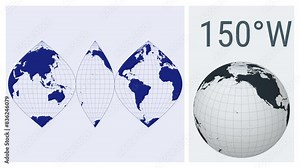 World Map Animation. Interrupted sinusoidal projection. Solid color style. Animated world map in Interrupted Sinusoidal projection. Loopable animation showing longitude shift and matching globe.