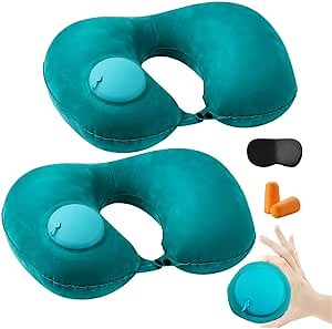 2PCS Inflatable Travel Pillow, Adjustable Inflatable Neck Pillow, Portable Inflatable Pillow U-Shaped with Eye Mask,Earplug and Carry Bag, for Airplanes,Traveling,Lumbar Support (Mint Green)