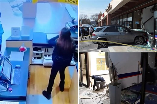 Shocking video shows NJ driver smash Mercedes into UPS — leaving worker covered in broken glass