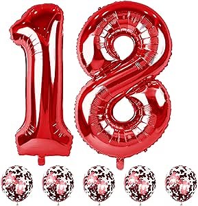 Red 18 Balloon Numbers and Confetti Balloons, 40" Number 1 and 8 Mylar Foil Balloons Self Inflating, 18th 81st Birthday Balloons Set for Boys Girls Women Men Birthday Anniversary Party Decorations