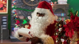 Santa Claus in red suit opening envelopes with letters from children, fulfilling wishes for kids at cozy North Pole log cabin. Winter season celebration to spread the Christmas spirit. Camera A.