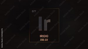 Iridium as Element 77 of the Periodic Table. Seamlessly looping 3D animation on grey illuminated atom design background with orbiting electrons. Name, atomic weight, element number in Spanish language