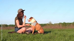 Beautiful young woman trains dog to give paw and gives treats Stock Video