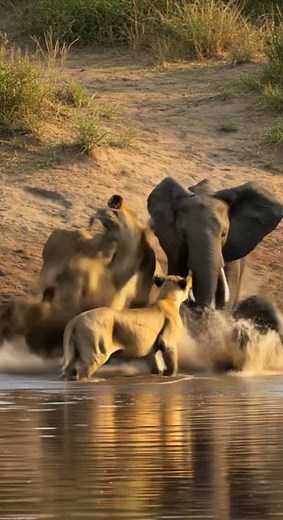 RARE FOOTAGE- Lions Ambush Elephant At River