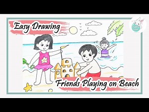 Friends playing on the beach enjoying Summer vacation step by step drawing tutorial for beginners