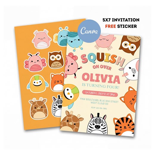 Squishmallow Birthday Invitation Girl, Cute Animal Party Invite, 4th Birthday Invitation Editable, Kids Birthday Invite Template, Printable - Etsy