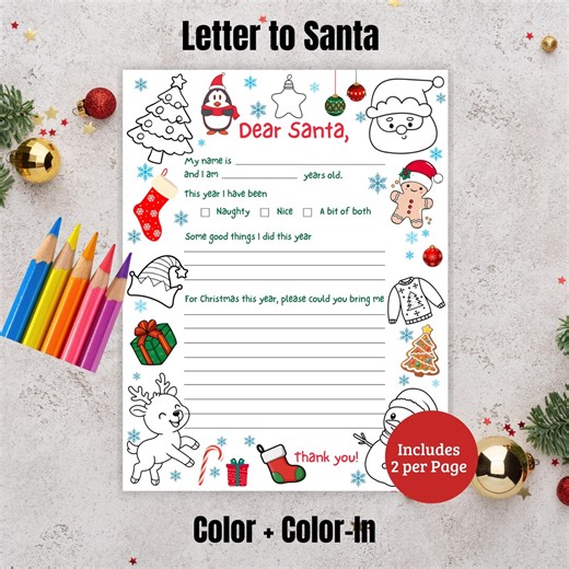 Letter to Santa, Christmas Coloring Pages, Christmas Wish List, Santa Wish List, Dear Santa, Part Color Santa Letter, Christmas Printable - Etsy