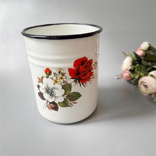 Large Metal Mug, Vintage Container, Enamel Mug, Retro Kitchen Mug, Vintage Enamelware, White Cooking Pot - Etsy