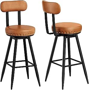 IRONCK Counter Height Bar Stools Set of 2, 30" Swivel Barstools with Backs, Hand-Riveted Design, Wide Seat, PU Leather Upholstered, Armless Bar Chairs for Kitchen Island, Brown