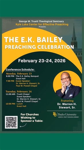 The Kyle Lake Center for Effective Preaching on Instagram: "Three weeks to go! 🎉 Here’s a quick reminder to join us for the E.K. Bailey Preaching Celebration at Baylor University’s Truett Seminary, happening February 23–24, 2026. We’d love to see you there. 🔗 Link in bio for more details. #klc #preach #baylor #truett #ekbailey"