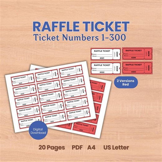 Raffle Ticket Numbered 1 to 300 Red Landscape Template Name Phone Entry Slip Card Party Event Fundraiser Games PDF Digital Download - Etsy